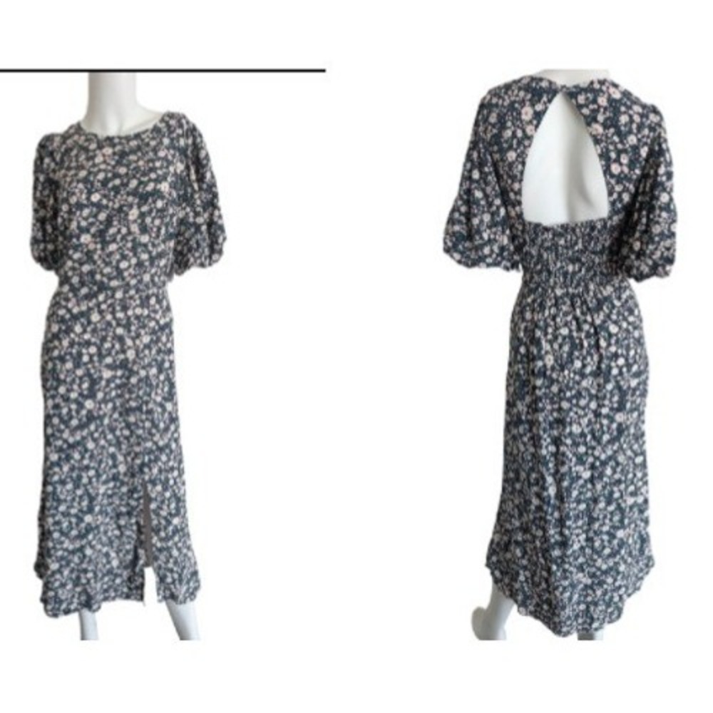Old Navy Open Back Midi Dress Medium Puff Sleeve Cottagecore Prairie Dark Floral